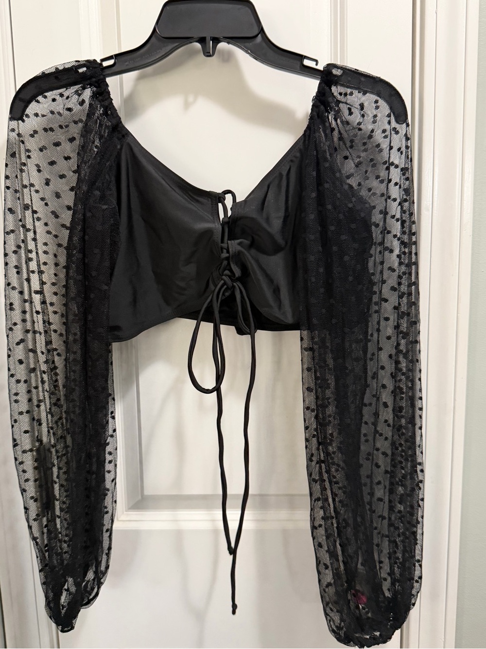 Sheer Dot Mesh Long-Sleeve Bikini Top - Black